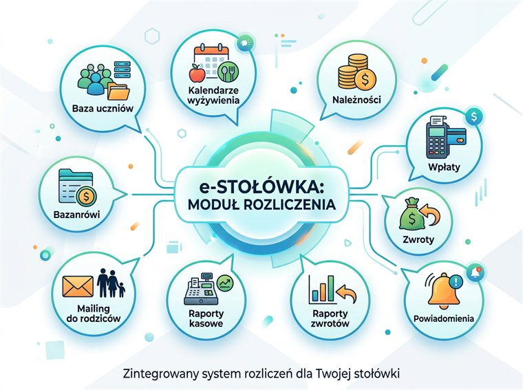 Schemat modułu Rozliczenia e-Stołówki: baza uczniów, kalendarze wyżywienia, należności, wpłaty, zwroty, raporty kasowe i raporty zwrotów oraz mailing i powiadomienia dla rodziców