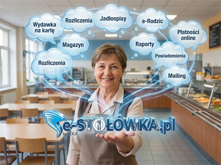 Intendentka w szkolnej stołówce, a wokół niej moduły i funkcje e-Stołówki: wydawka na kartę, rozliczenia, jadłospisy, magazyn, e-Rodzic, płatności online, raporty, powiadomienia i mailing