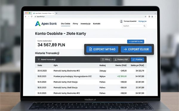 Bankowość elektroniczna otwarta na laptopie z historią transakcji i przyciskami Export MT940 oraz Export Elixir — pobrany plik wczytuje się do e-Stołówki