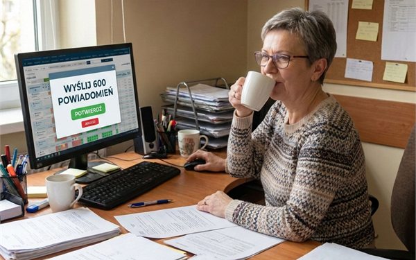 Intendentka przy biurku, na monitorze okno e-Stołówki z potwierdzeniem wysyłki 600 powiadomień do rodziców