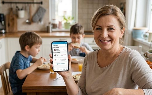 Mama pokazuje aplikację e-Stołówka na telefonie, w tle dzieci jedzą śniadanie przy stole
