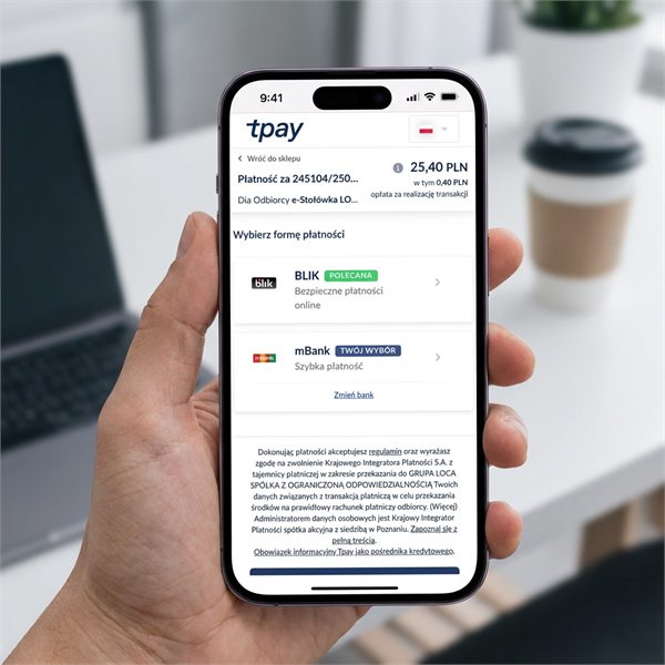 Wybór formy płatności za obiady na telefonie: BLIK oznaczony jako polecany oraz szybki przelew bankowy
