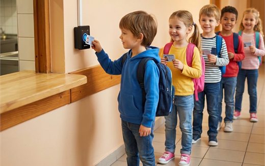 Uczeń przykłada kartę obiadową do czytnika przy okienku wydawania, za nim kolejka dzieci z kartami