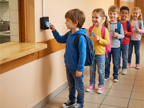 Uczeń przykłada kartę obiadową do czytnika przy okienku wydawania, za nim kolejka dzieci z kartami